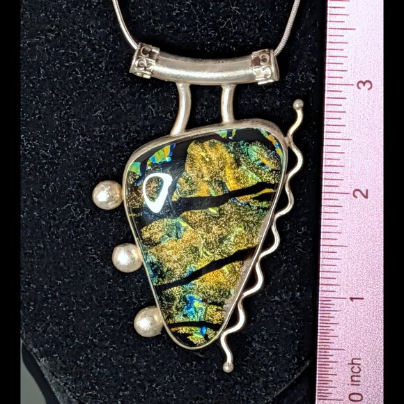 WOW Tiger Eye Color ART DECO Dichroic Glass 925 Sterling Silver Large Pendant - Picture 4 of 5